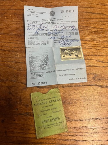 Vintage 1947-48 Wisconsin Game Hunting License, Stamp & Holder West Bend