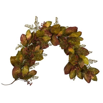Nearly Natural 6-ft Autumn Magnolia Leaf and Berries Artificial Garland