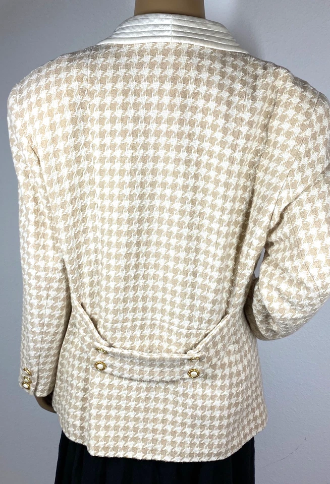 Mondi Houndstooth двубортный блейзер размер 42 атласные лацканы желтовато-коричневый слоновой кости 12 США VTG - Изображение 3 из 4