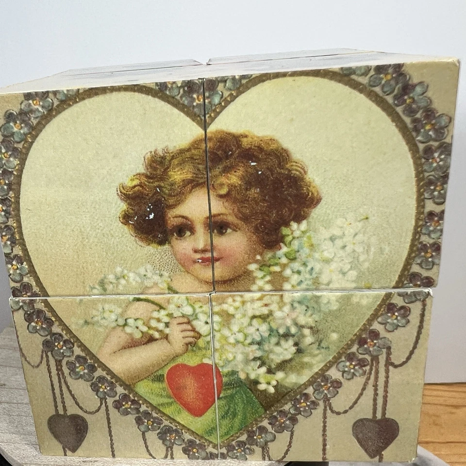 Rompecabezas de bloques de madera vintage hecho en Taiwán ROC Kewpie Cupido arte victoriano Foto 3 de 4