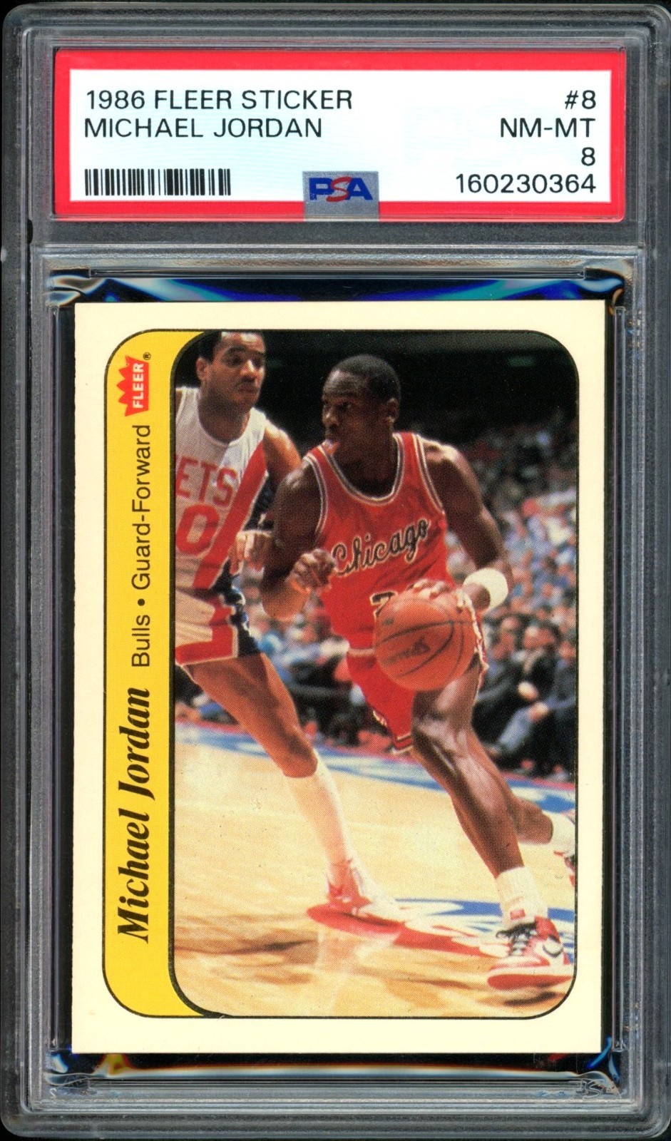 1986 FLEER STICKER #8 MICHAEL JORDAN BULLS ROOKIE RC NM-MT PSA 8 DEAD CENTERED!