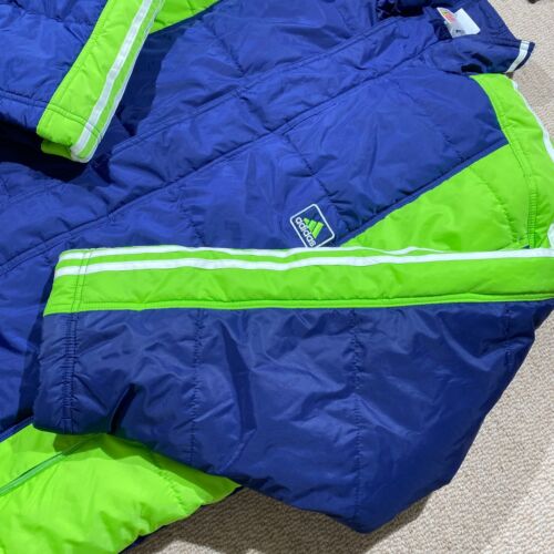 VINTAGE Adidas Parka Jacket Mens Large Blue Neon Green Long Football Rain Coat - Picture 2 of 12