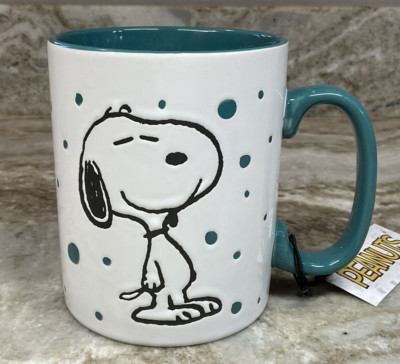 Large Coffee Mug Peanuts Teal Freckled Joy. Snoopy With Dots. 15 Ounce. New.