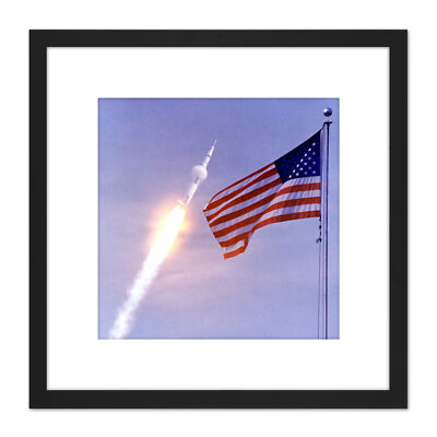 Space NASA Apollo 11 Saturn V Rocket Launch Flag Photo Square Framed Art 9X9 In