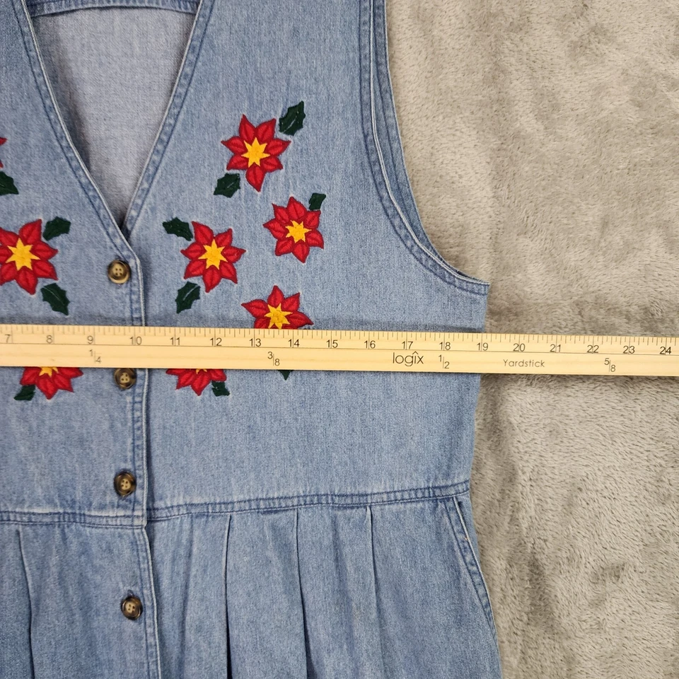 Vestido Karen Scott Mujer Medio Azul Denim Floral Bordado Plisado Con Botones Foto 4 de 4