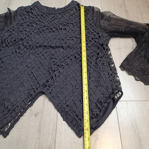 Crochet Lacelong Sleeve Top By Indigo Thread Co gray sz L blouse boho goth - Picture 16 of 18