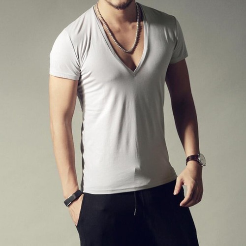 Sexy Para hombres Verano Cuello en V Profundo Calce Ajustado Mangas Cortas Algodón Informal Camisetas Prendas para el torso - Imagen 3 de 8