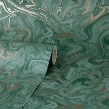 Image of Liquid Marble Swirls Wallpaper FD43058 Emerald Fine Decor Metallic Feature Wall