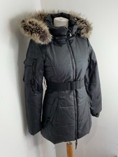 Walter Baker Belted Parka Coat Xs Vgc Black Hooded Jacket Quilted Mid Length