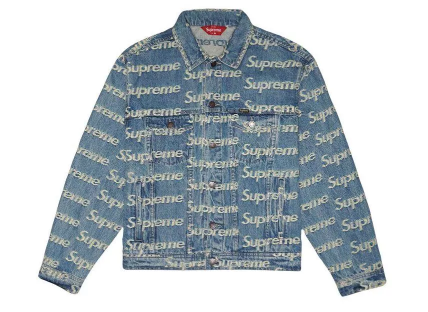 Veste camionneur en denim logo effrayé suprême bleu