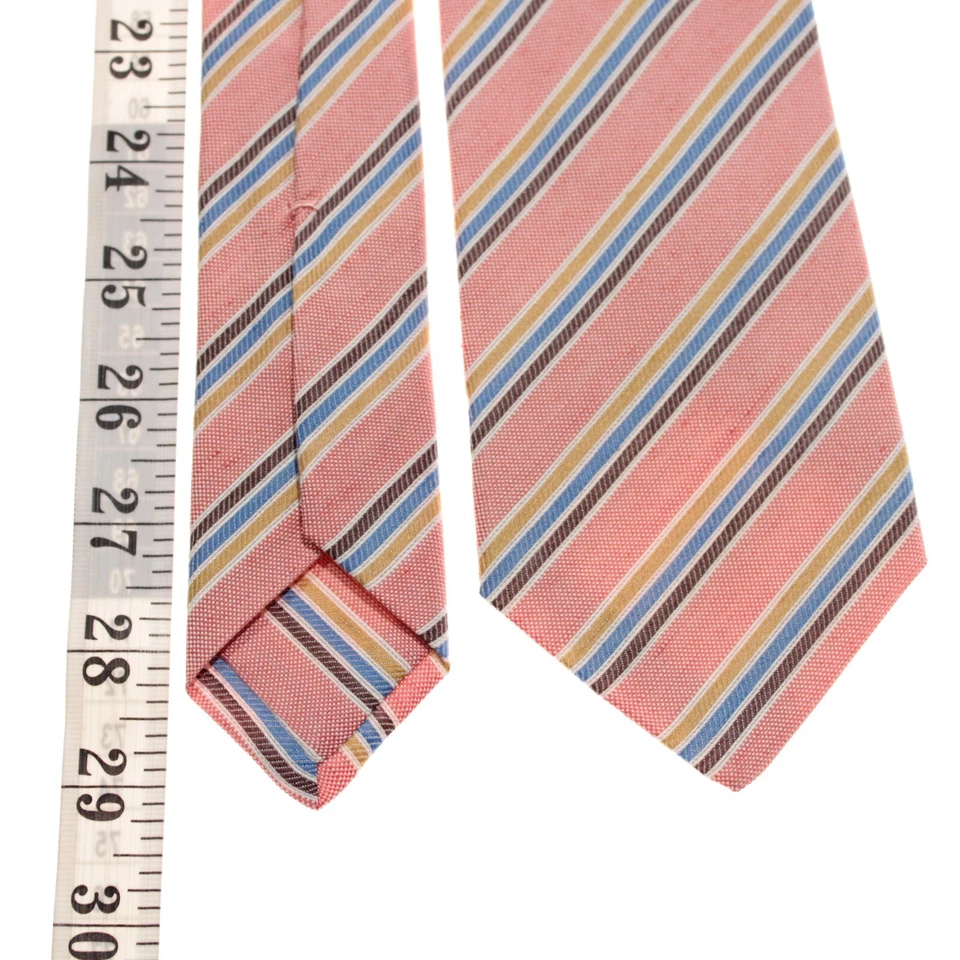Corbata Kiton nueva sin etiquetas de lino/seda siete pliegues rosa oscuro con rayas marrones/azules/doradas Foto 4 de 4