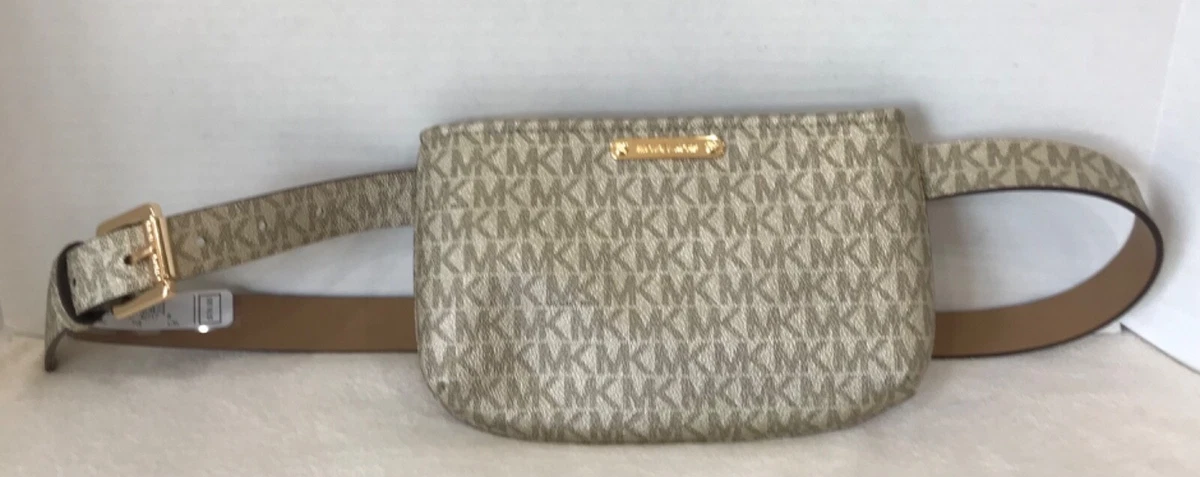 NWT MICHAEL KORS GOLD LEATHER FANNY PACK MK PRINT LG XLG ZIP