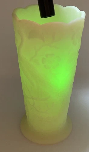 Vintage Fenton Satin Finish Custard Glass Peacock Floral  8"  Tall Vase Glows