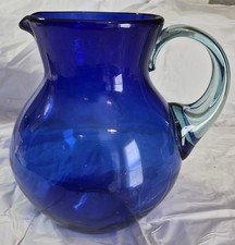 Hand-Blown Cobalt Blue Glass Footed Pitcher with Applied Handle
