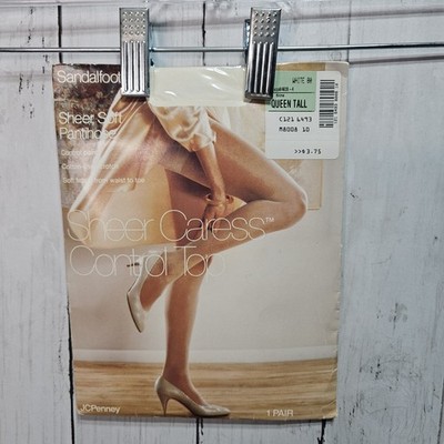 NWT Vtg JCPenney White Sandalfoot Pantyhose Sheer Caress Control Top Queen Tall