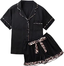 Womens Pyjama Set Short Sleeve Sleepwear Ladies Leopard Print Lounge Set Size M