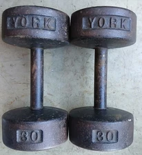 YORK VINTAGE Roundhead Pair Of 30 LB DUMBBELLS 1st Generation PRE USA