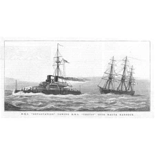 HMS DEVASTATION Towing HMS Thetis into Malta Harbour - Antique Print 1877