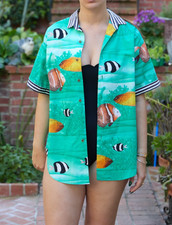 Vintage Gottex M L 100 Cotton Beach Cover Shirt Hawaiian Fish