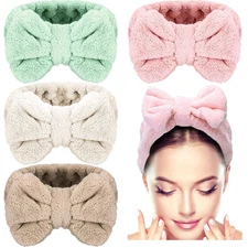 4 Pack Makeup Spa Headband Microfiber Bow Towel Soft Fluffy Washing Face Head...