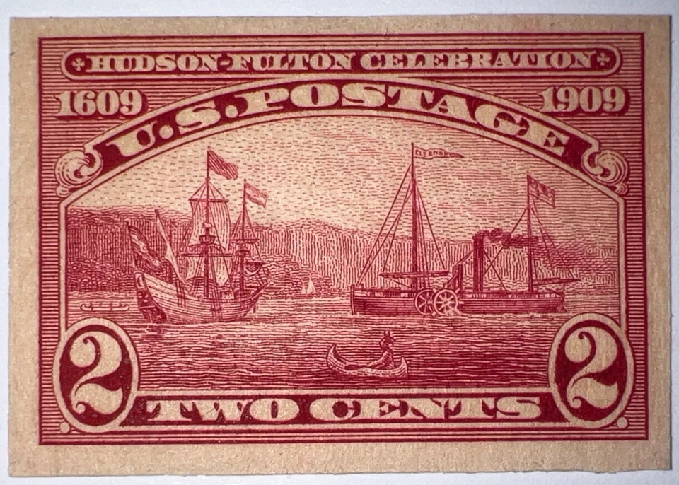 Sellos de viaje: estampillas de Estados Unidos de 1909 Scott #373, S.S. Clermont 2 centavos imperfectas MNH OG Foto 4 de 4