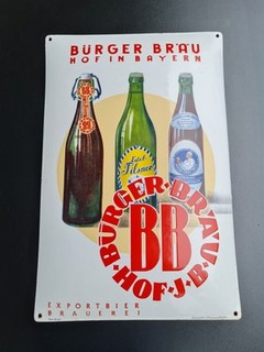 Emailschild Bürger Bräu Hof Bayern Bierschild gewölbt Pyro Email original