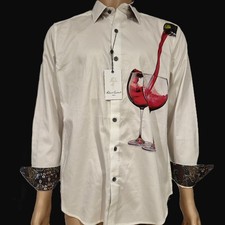 NWT 228 ROBERT GRAHAM DATE NIGHT COTTON SHIRT WHITE WINE GLASS EMBROIDERY