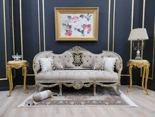 French Style Settee/ Distressed with Gold Leaf accent Finish/ Hand Carved Wood