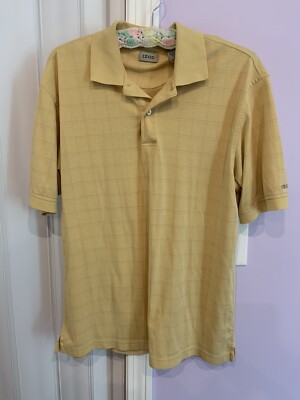 Izod Polo Shirt Mens M Yellow With Checker Pattern Short Sleeve Golf