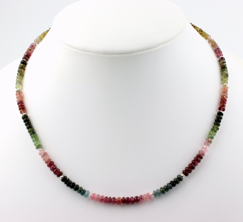 Natur Turmalin Kette Edelsteinkette Bunt Linsen Collier 925 Silber Edel 48 cm - Bild 2 von 4