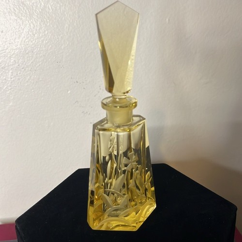 Art Deco Czechoslovakia Yellow Floral Vaseline Glowy Glass Perfume Bottle Dauber - Picture 14 of 15