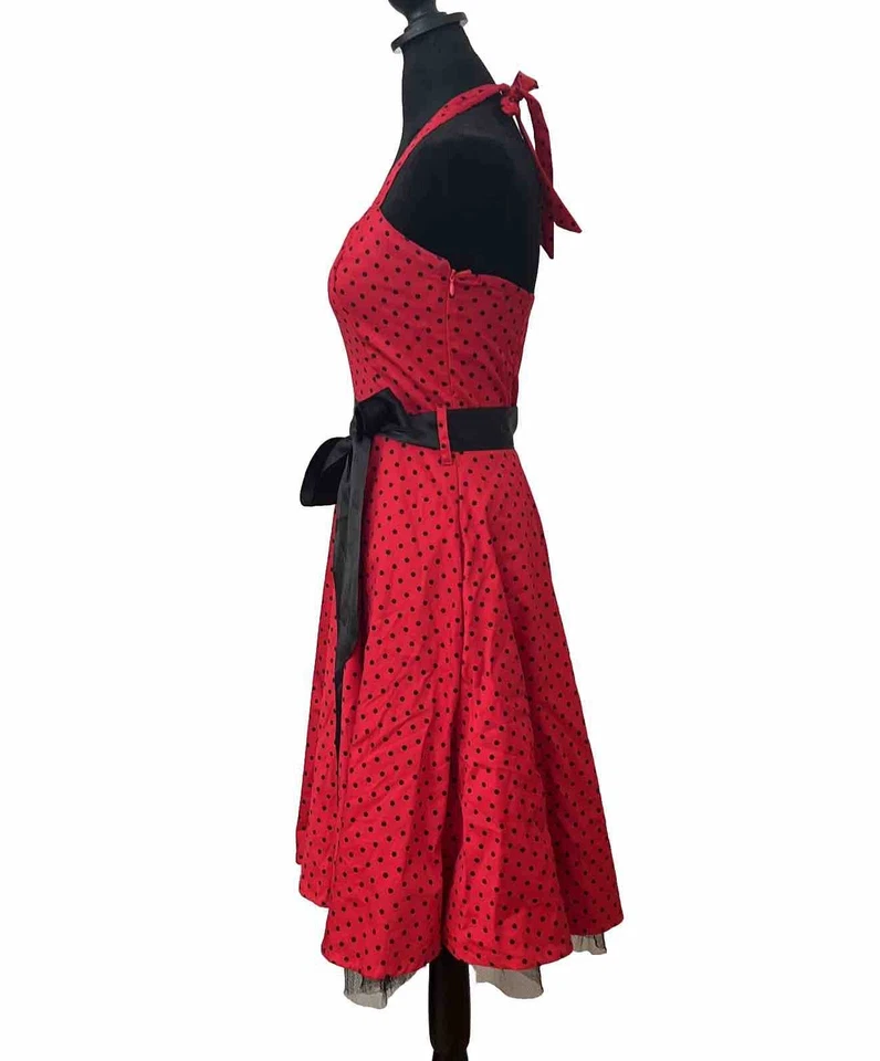 Red Polka Dot Halter Dress Sz 10 Rockabilly Waist Tie Bow Peplum Pinup Fit Flare - Image 3 of 4