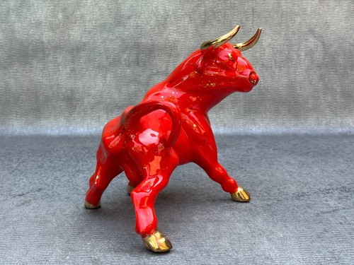 RED PORCELAIN MATADOR BULL STATUE FIGURINE GOLD LEAF GILDING MCM 12" L 8 1/2" H - Picture 8 of 12