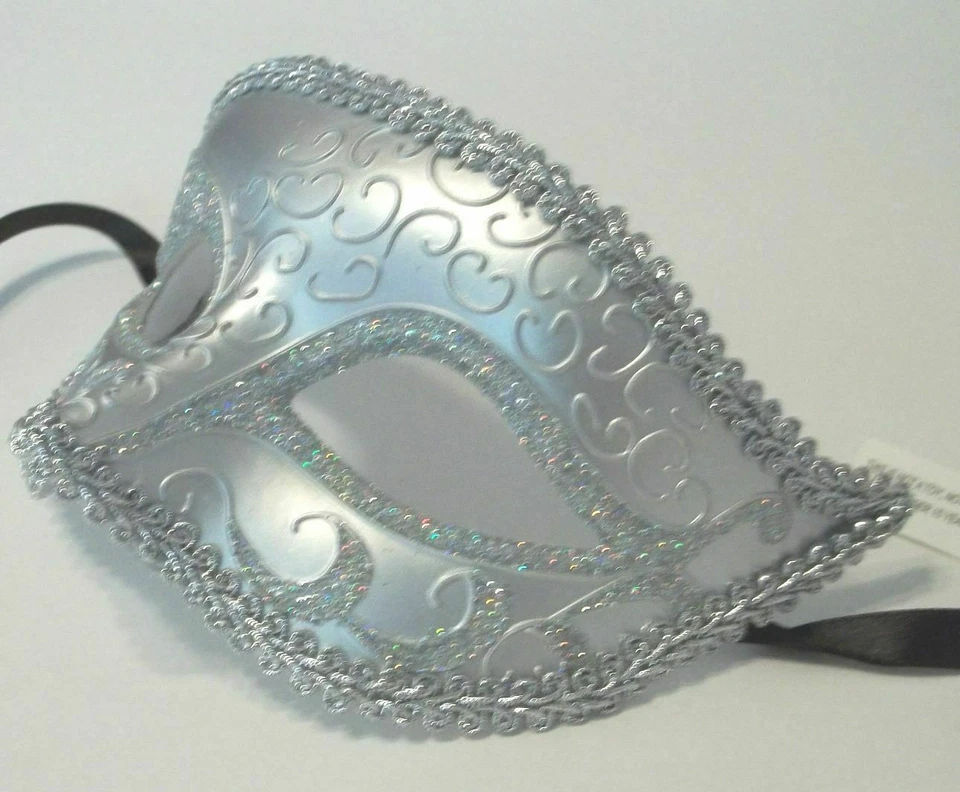 Silver Gray Venetian Elegant Glitter Crescent Masquerade Costume Mask - Image 4 of 4