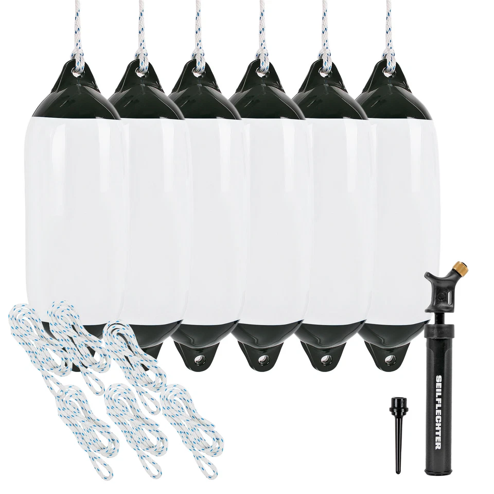 6x Marinefender 120x450mm, weiß inkl. Pumpe und Fenderleine