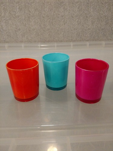 Portavelas votivas de vidrio naranja, rosa y azul - 2 1/2" X 2" cada uno - Imagen 2 de 7