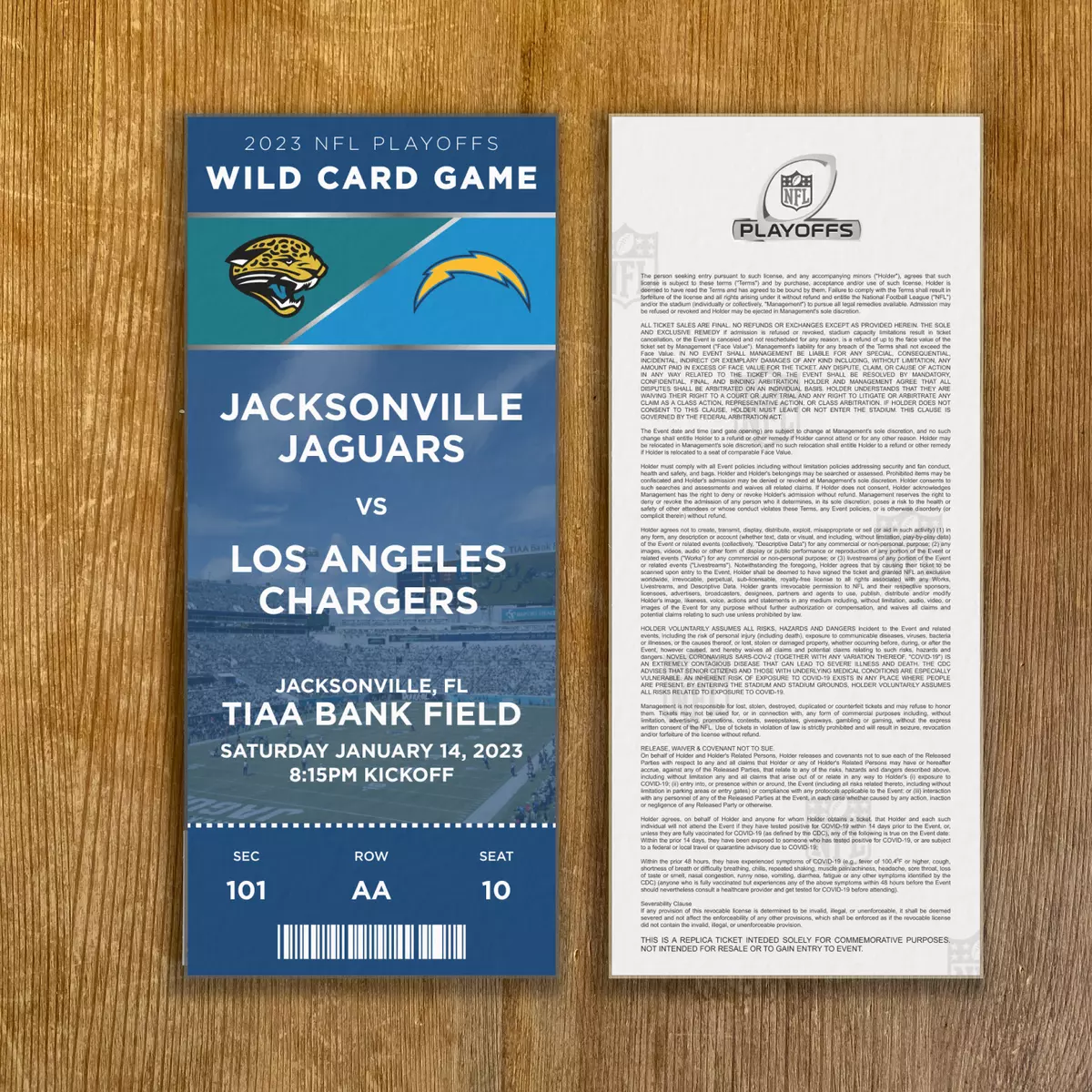 Jaguars vs Chargers 2023 NFL Playoffs Replica Ticket Stub Customizable Any  Seat