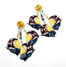 Lunch At The Ritz 89 Ships Marina Style Enamel Dangle Earrings 14k Gold Posts