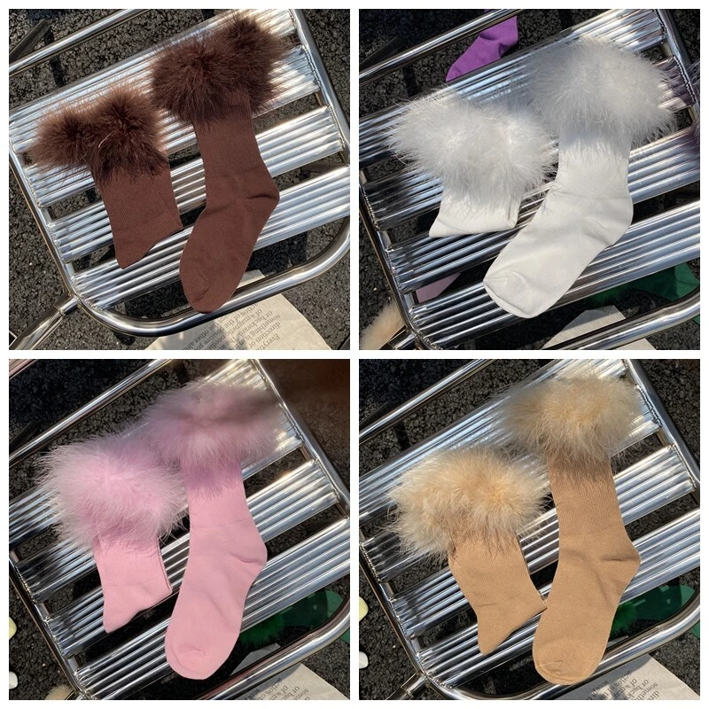 1 Pair Women Socks Faux Fur Trim Mid Calf Length Comfort Casual Dancewear Party - Image 4 of 4