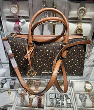 Michael Kors Arden Women Medium Printed Signature Logo Top Zip Satchel Bag Brown
