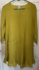 Match Point USA Dress Ruffles Linen  M Chartreuse  Yellow Lagenlook  V Neck