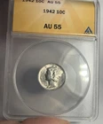 1942 MERCURY SILVER DIME GRADED ANACS AU55