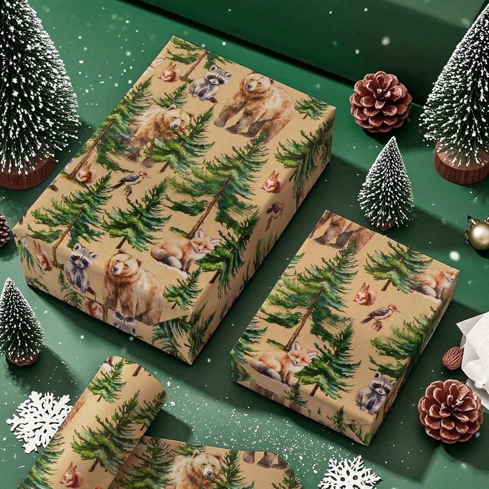 30-дюймовая рождественская оберточная бумага Kraft — 30 x 33 фута — Wild Animal Winterf - Изображение 4 из 4