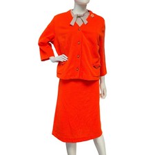 Vtg 60s Orange Knit Blazer Skirt Suit Set Mod Daisy Bow Neck Office Secretary 16