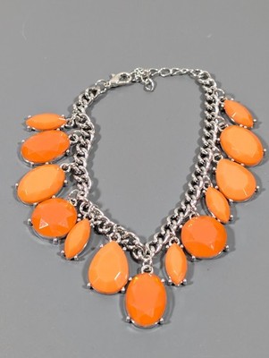 Bold Orange Statement Bracelet Faceted Teardrop Beads Silver Tone Chain Fashion