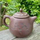 Pretty Little Chinese Yixing Zisha Teapot 200ml Birds & Proverbs Dark Clay
