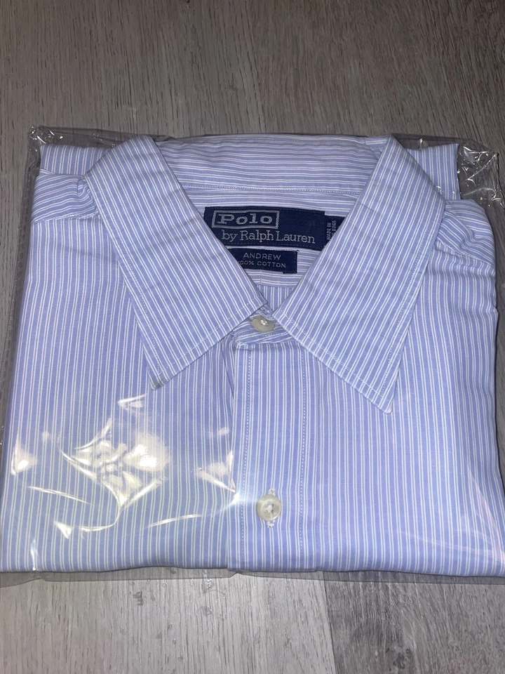 Polo Ralph Lauren “Andrew” Para Hombres•16.5•34/35 Camisa de Vestir Azul Rayas Abotonadas Pony Foto 2 de 4