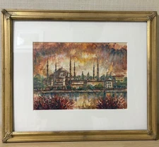 Tankut Bilge Watercolor Blue Mosque Istanbul Original Turkish Art Framed