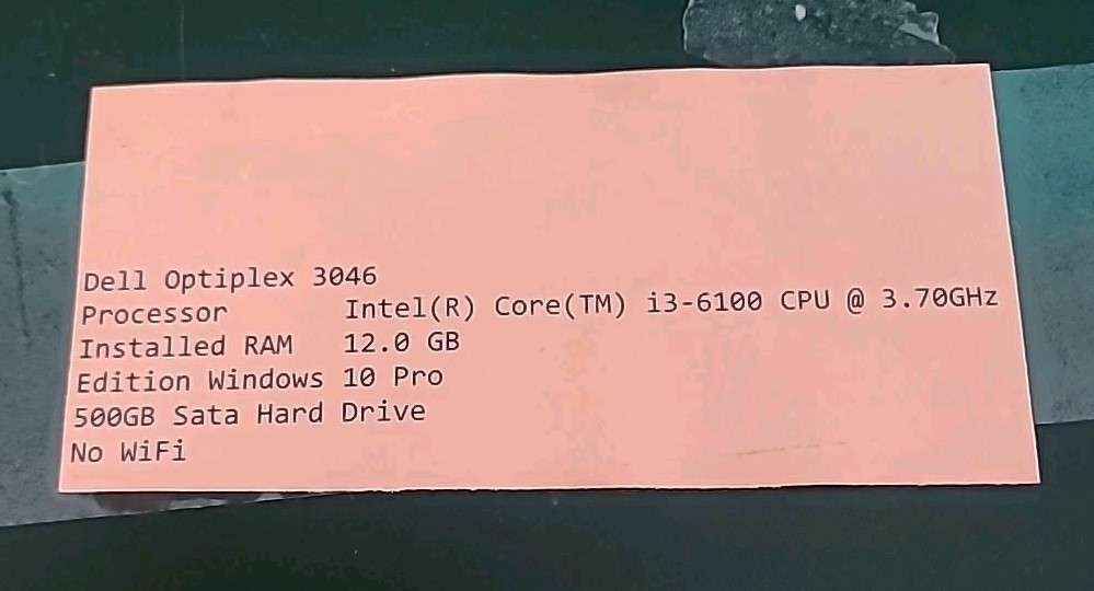 Dell OptiPlex 3046 SFF,i3-6100, 3.70GHz. 12GB RAM, 500GB HD, WIN