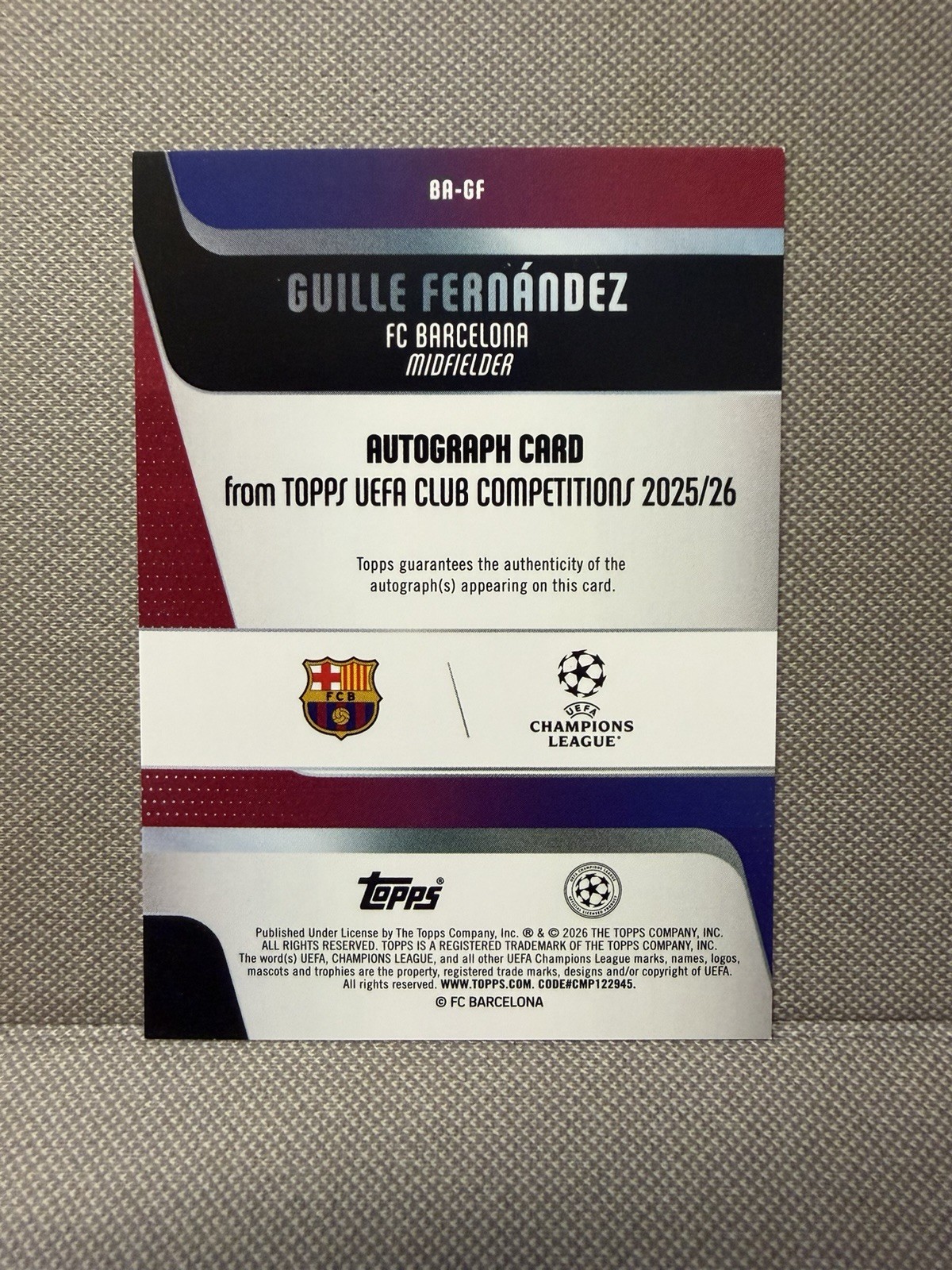 2025-26 Topps UEFA CC Guille Fernandez Barcelona Auto RC Gold Refractor /50 view 2